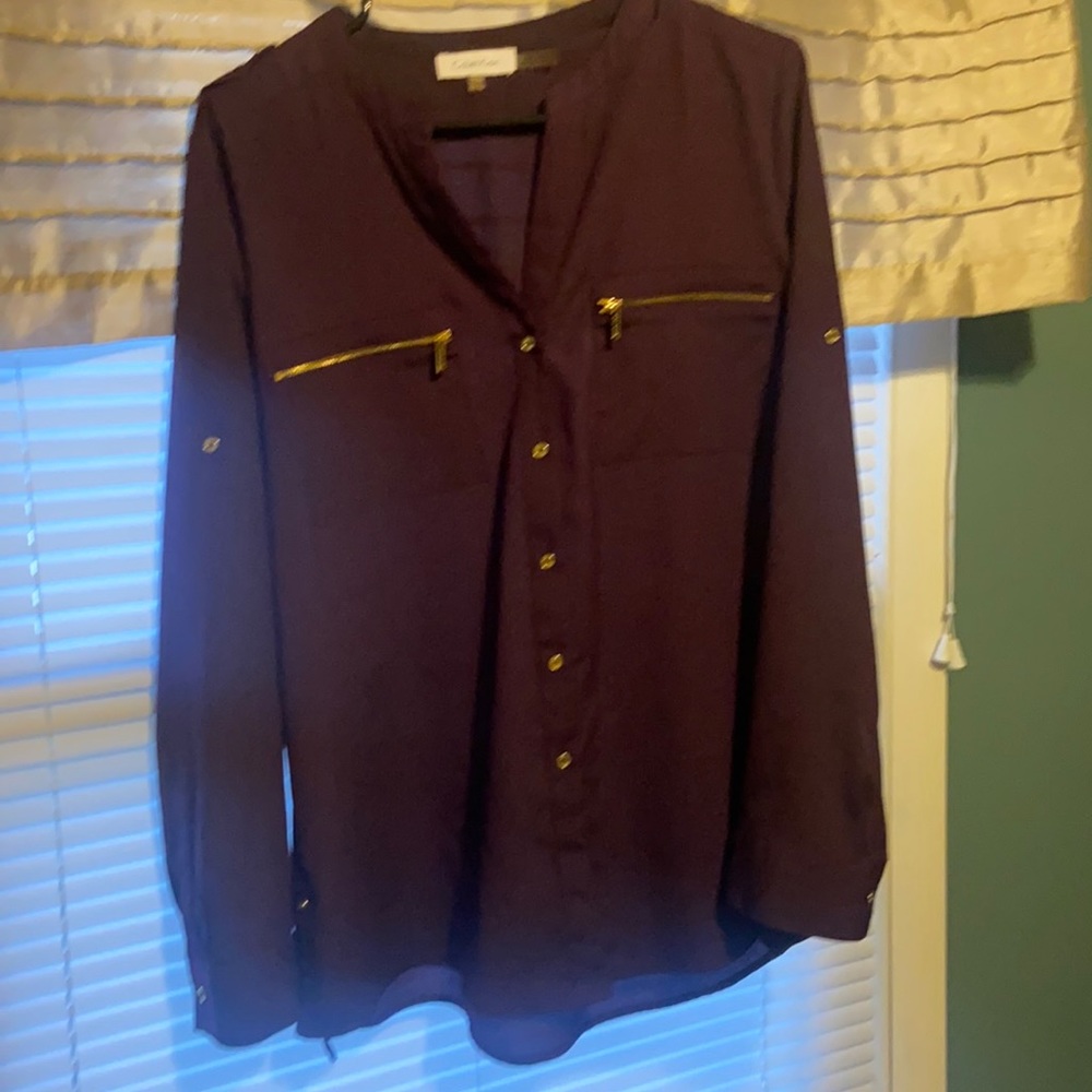 Calvin Kline Plum Blouse with Gold Buttons